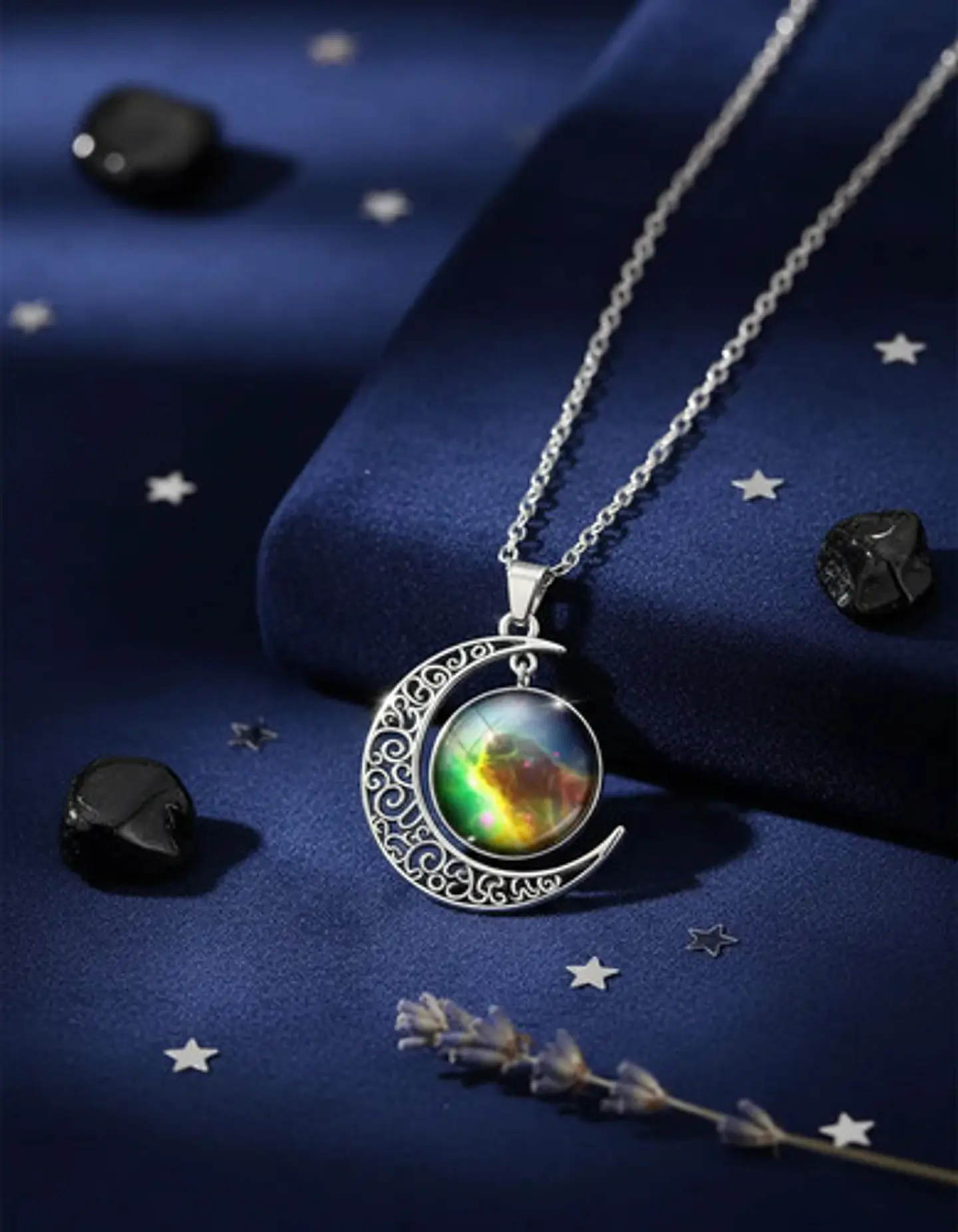 Collar Para Mujer Dije Luna Cabujón Cristal Galaxia Nebulosa 16
