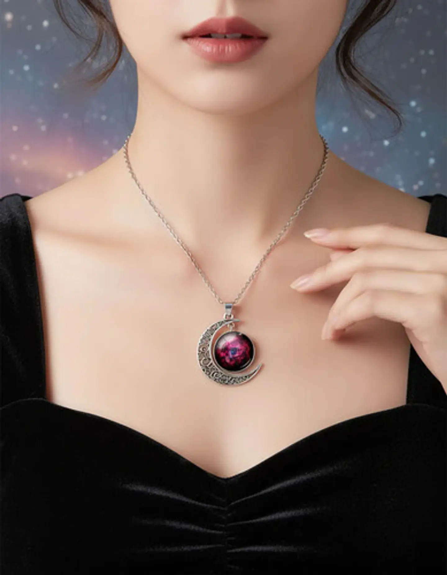 Collar Para Mujer Dije Luna Cabujón Cristal Galaxia Nebulosa 20