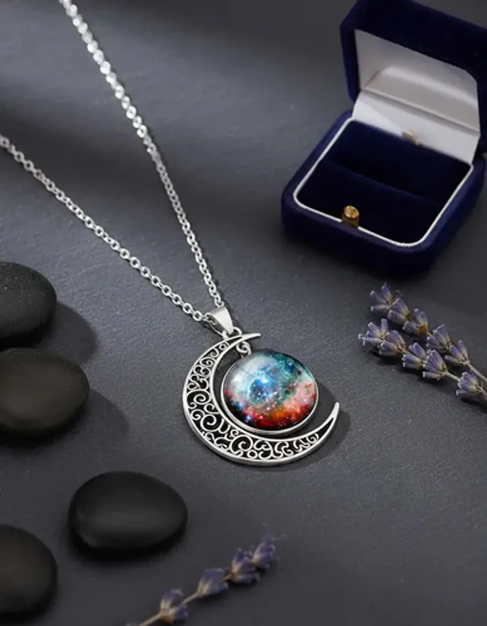 Collar Para Mujer Dije Luna Cabujón Cristal Galaxia Nebulosa 30
