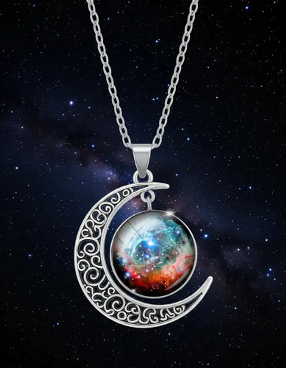 Collar Para Mujer Dije Luna Cabujón Cristal Galaxia Nebulosa 34