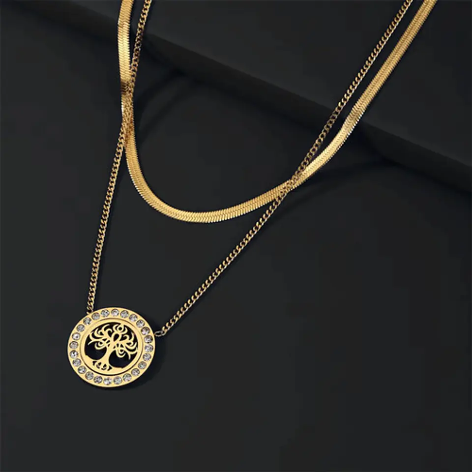 Collar Doble Capa De Acero Para Mujer Dije Árbol De La Vida 8