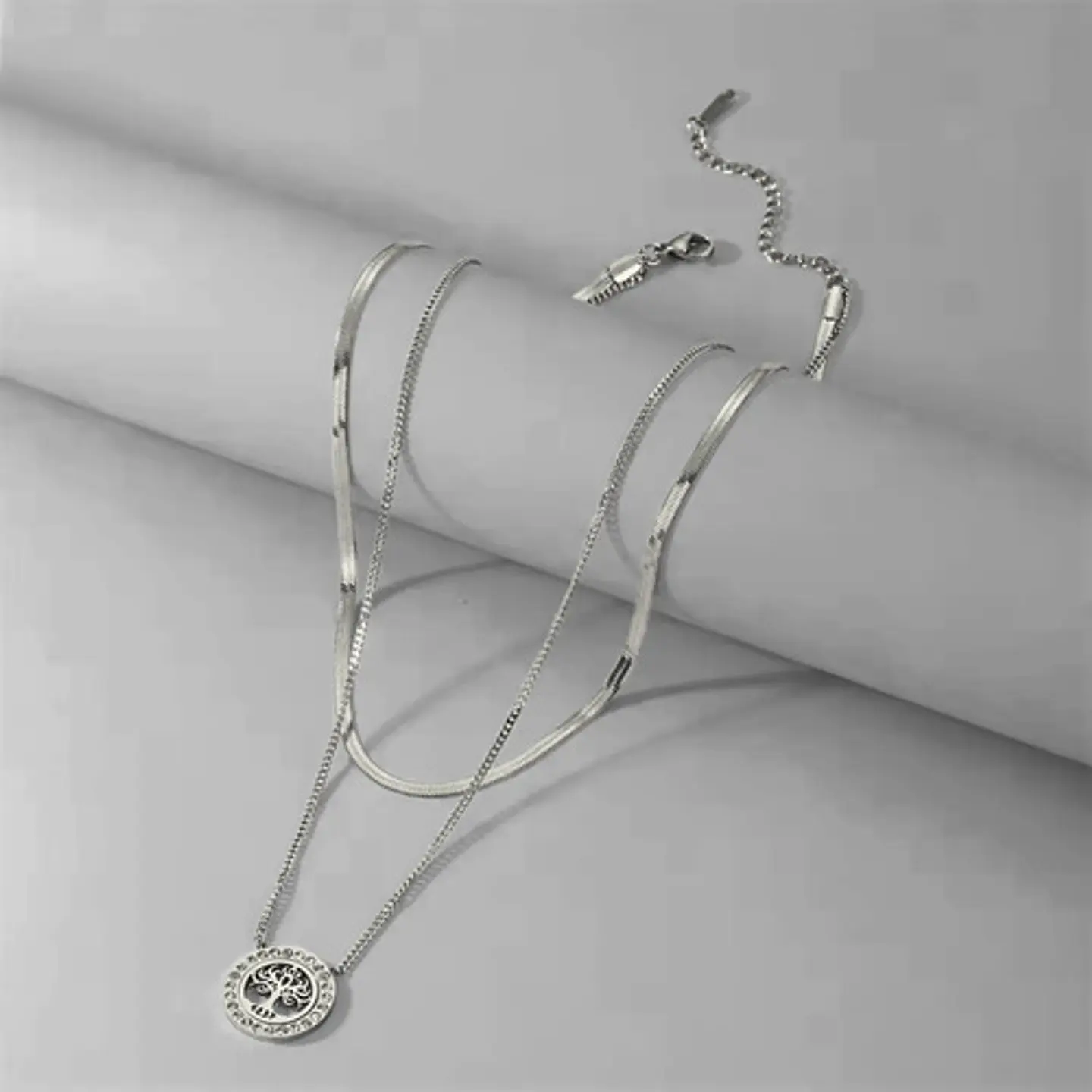 Collar Doble Capa De Acero Para Mujer Dije Árbol De La Vida 11