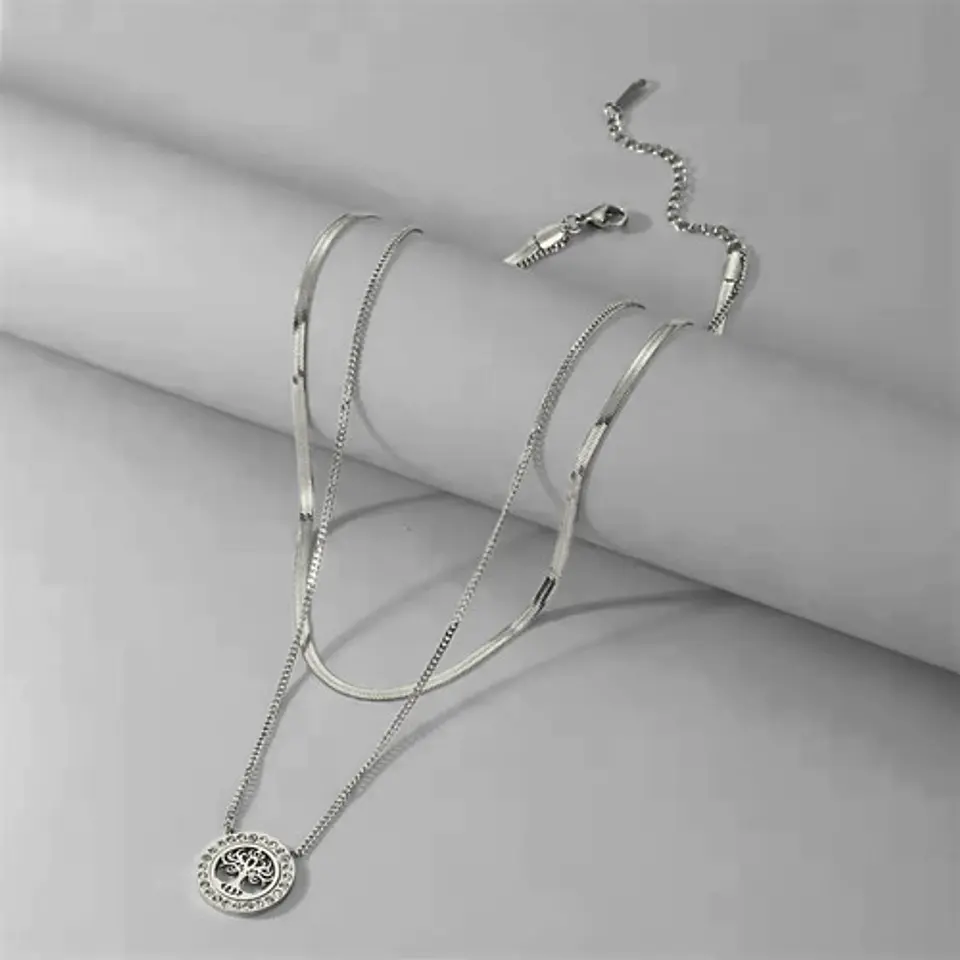 Collar Doble Capa De Acero Para Mujer Dije Árbol De La Vida 11