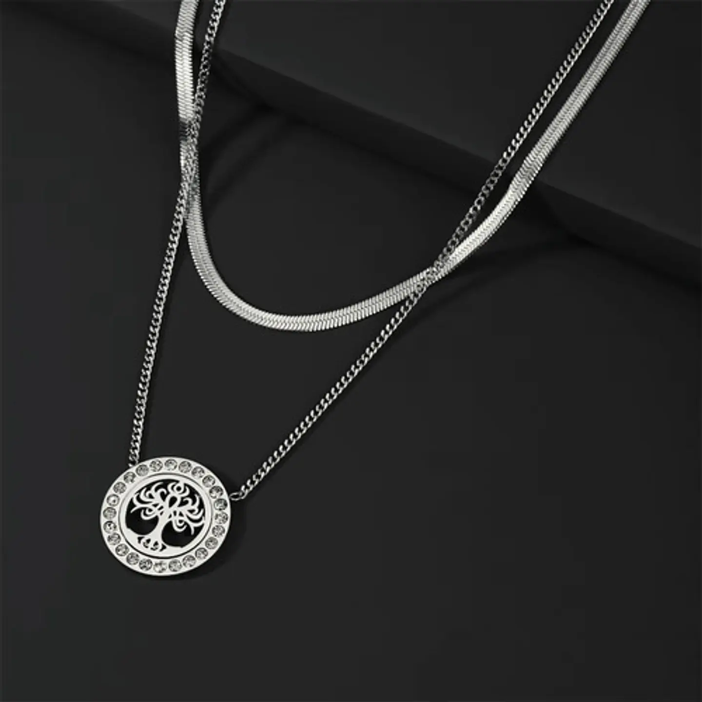 Collar Doble Capa De Acero Para Mujer Dije Árbol De La Vida 15