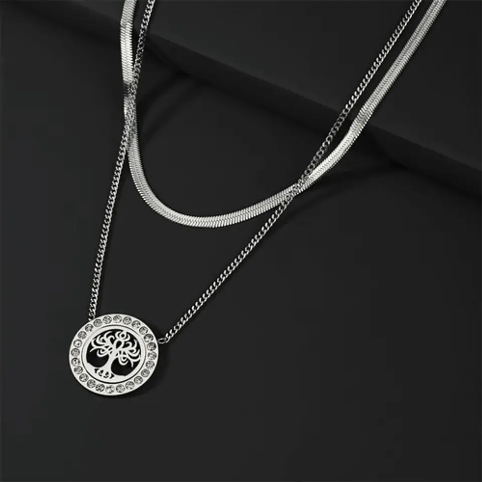 Collar Doble Capa De Acero Para Mujer Dije Árbol De La Vida 15