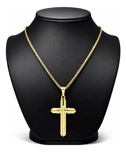 Collar De Acero Dorada Para Hombres Dije Moderna Cruz Jesús