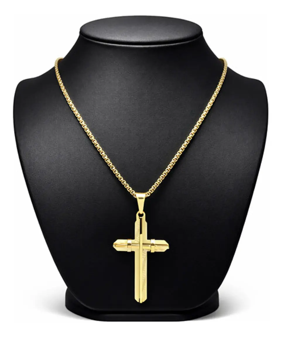 Collar De Acero Dorada Para Hombres Dije Moderna Cruz Jesús 2
