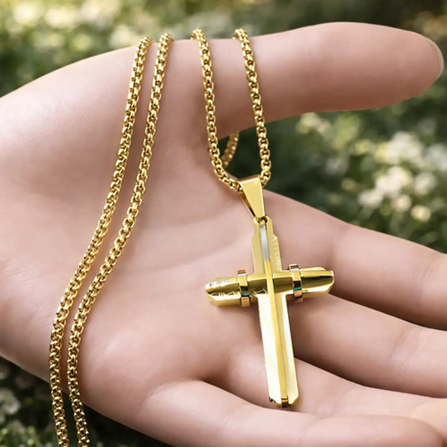 Collar De Acero Dorada Para Hombres Dije Moderna Cruz Jesús 3