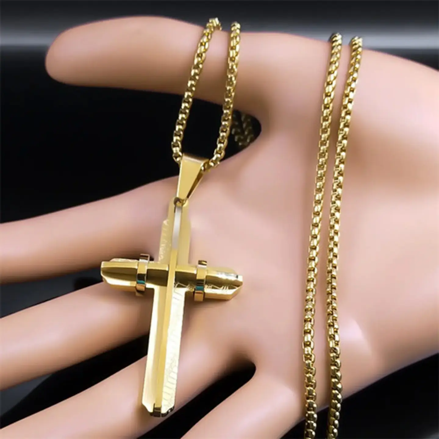Collar De Acero Dorada Para Hombres Dije Moderna Cruz Jesús 4
