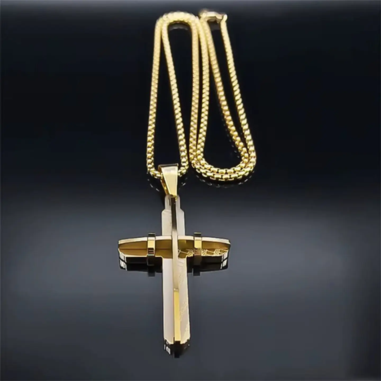 Collar De Acero Dorada Para Hombres Dije Moderna Cruz Jesús 6