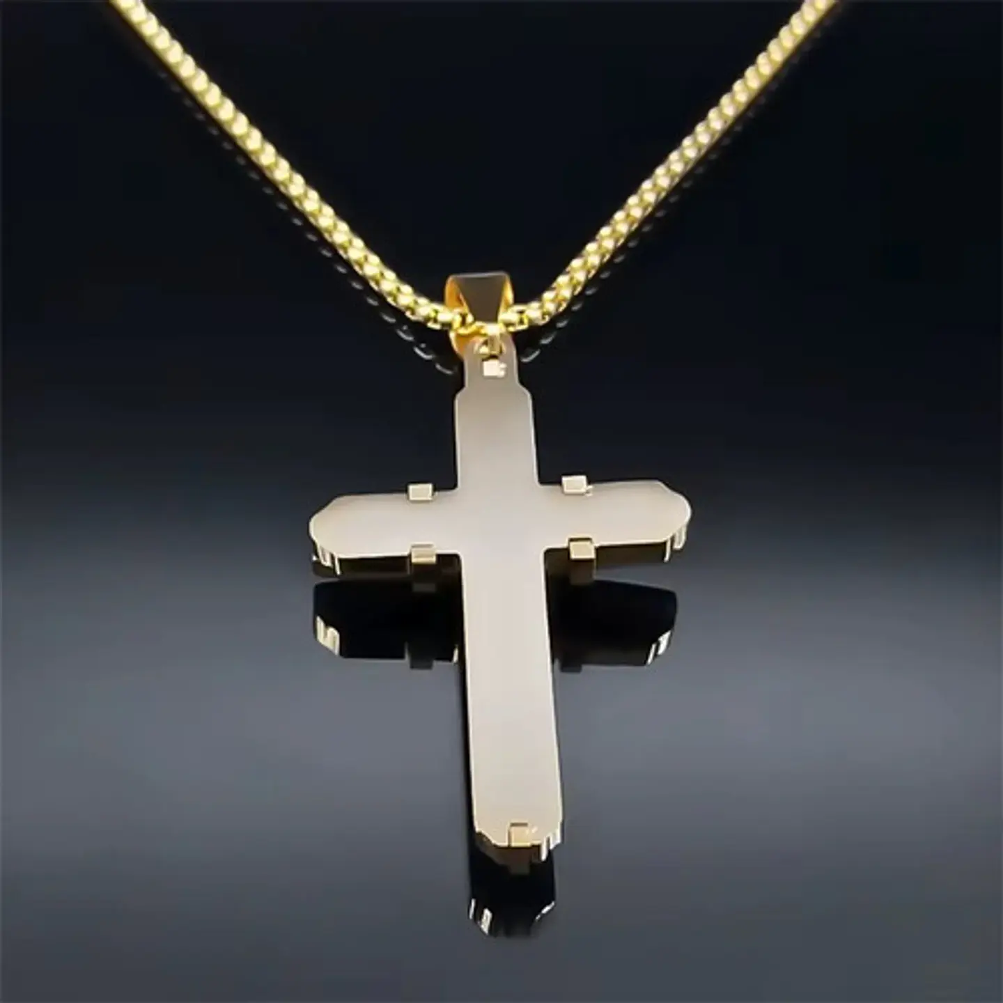 Collar De Acero Dorada Para Hombres Dije Moderna Cruz Jesús 7