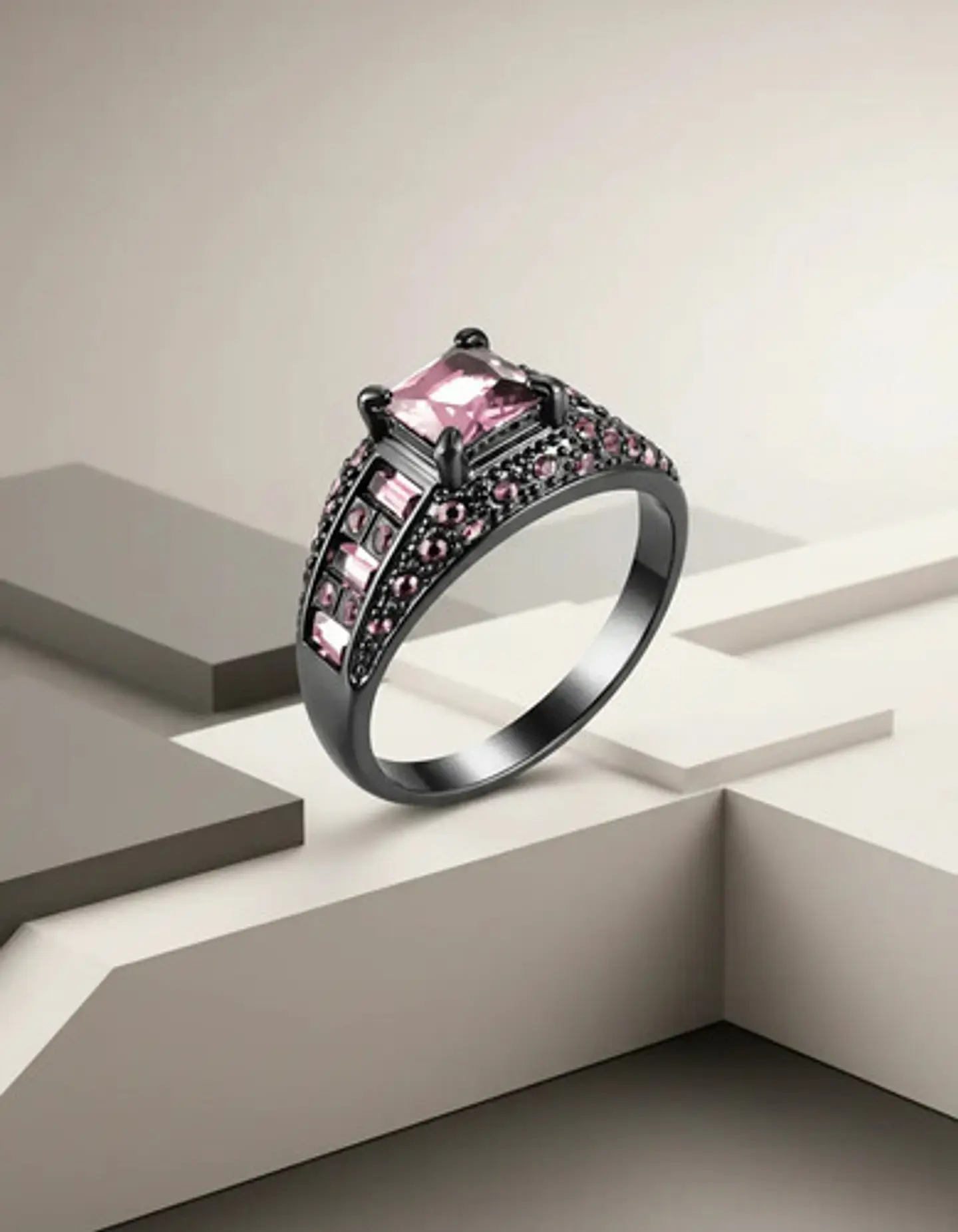 Anillo Negro Moderno Para Mujeres Con Piedras Lujo Elegante 5