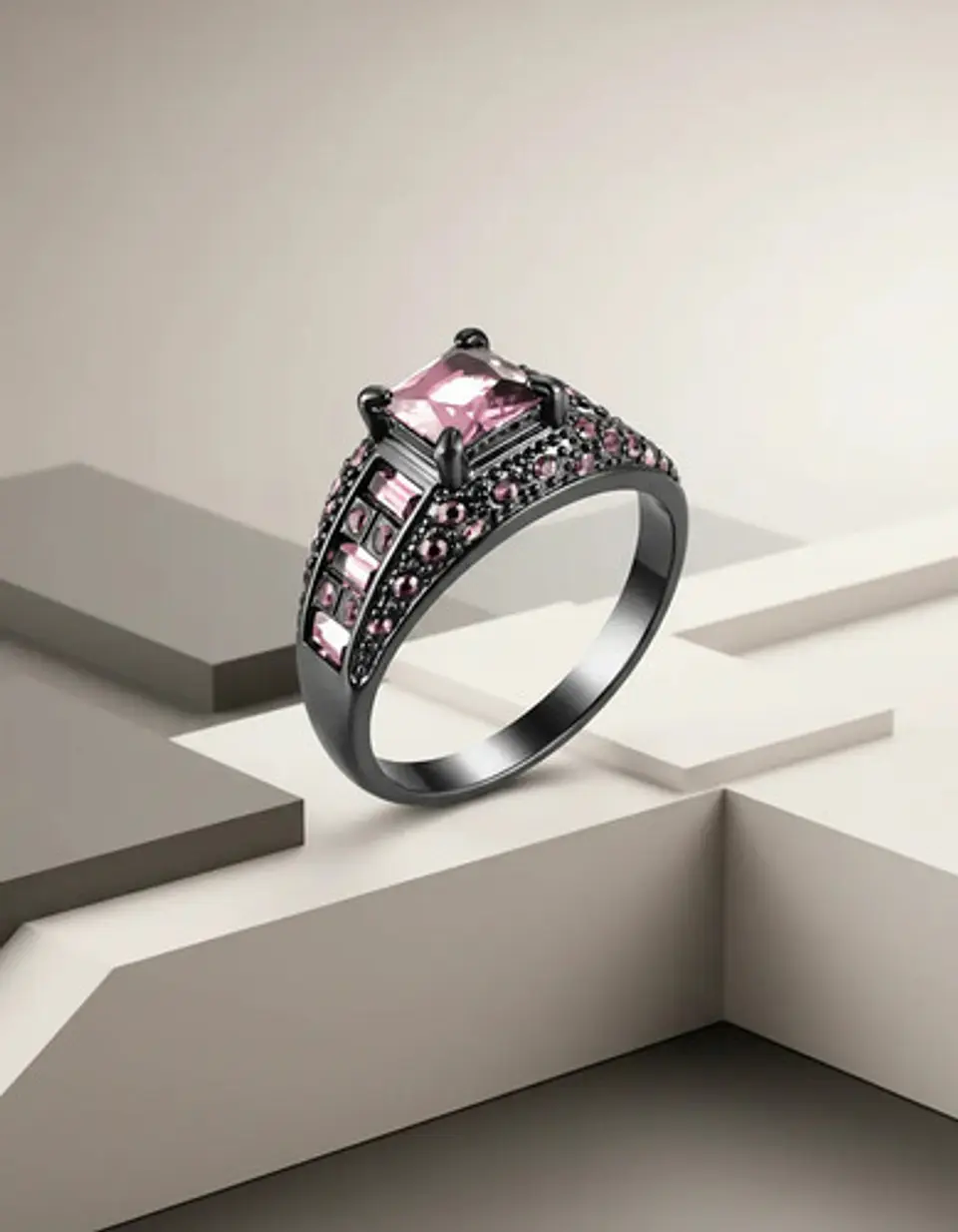 Anillo Negro Moderno Para Mujeres Con Piedras Lujo Elegante 5