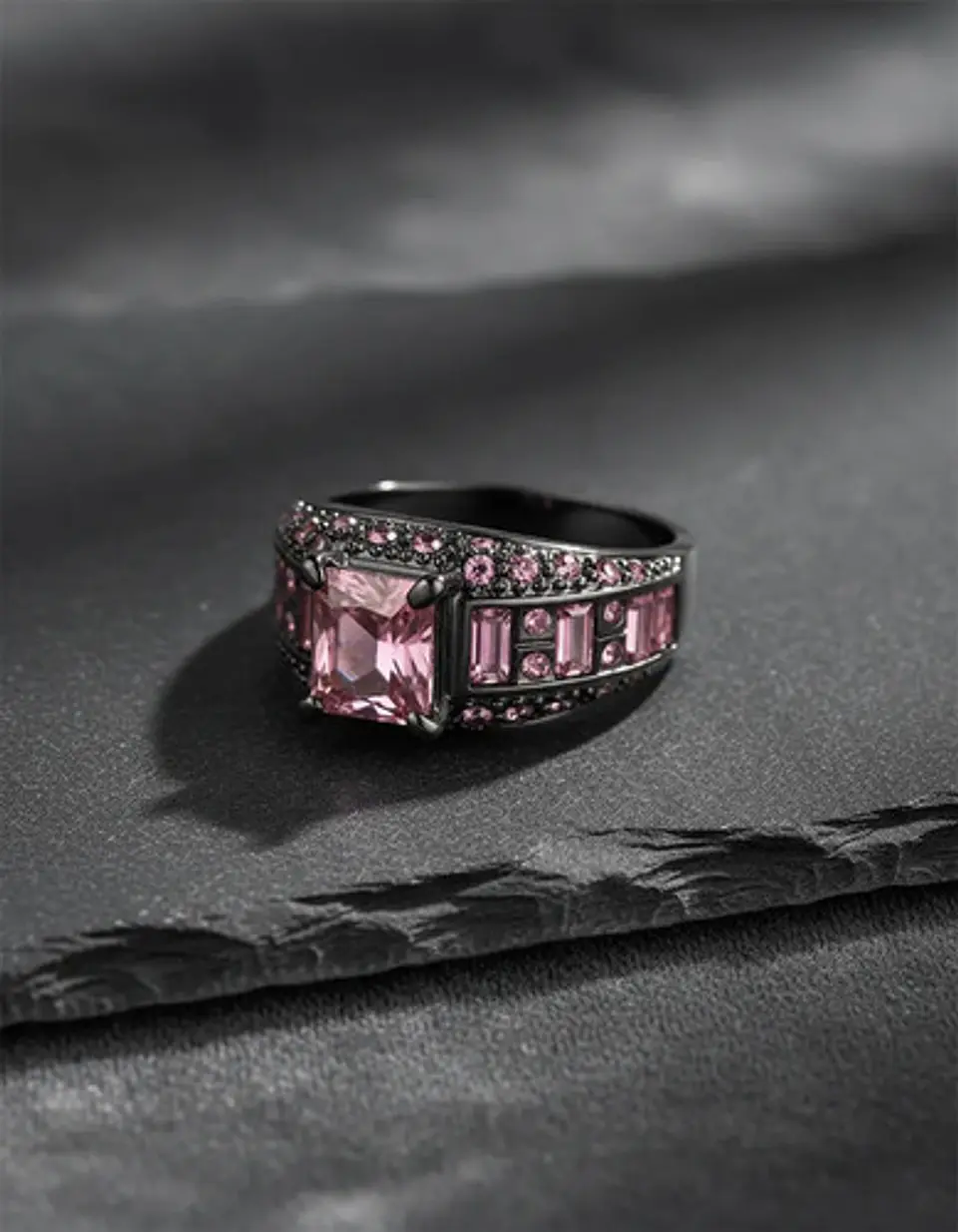 Anillo Negro Moderno Para Mujeres Con Piedras Lujo Elegante 6