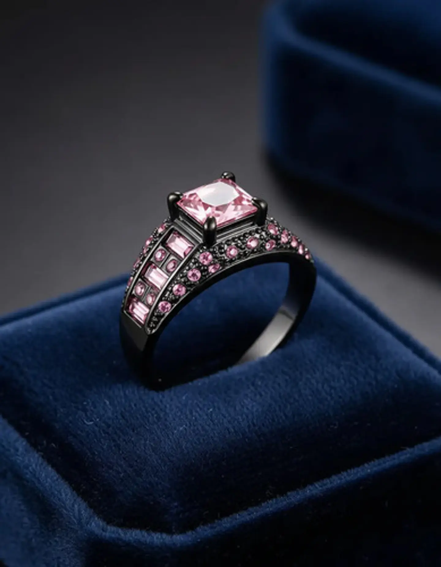 Anillo Negro Moderno Para Mujeres Con Piedras Lujo Elegante 7