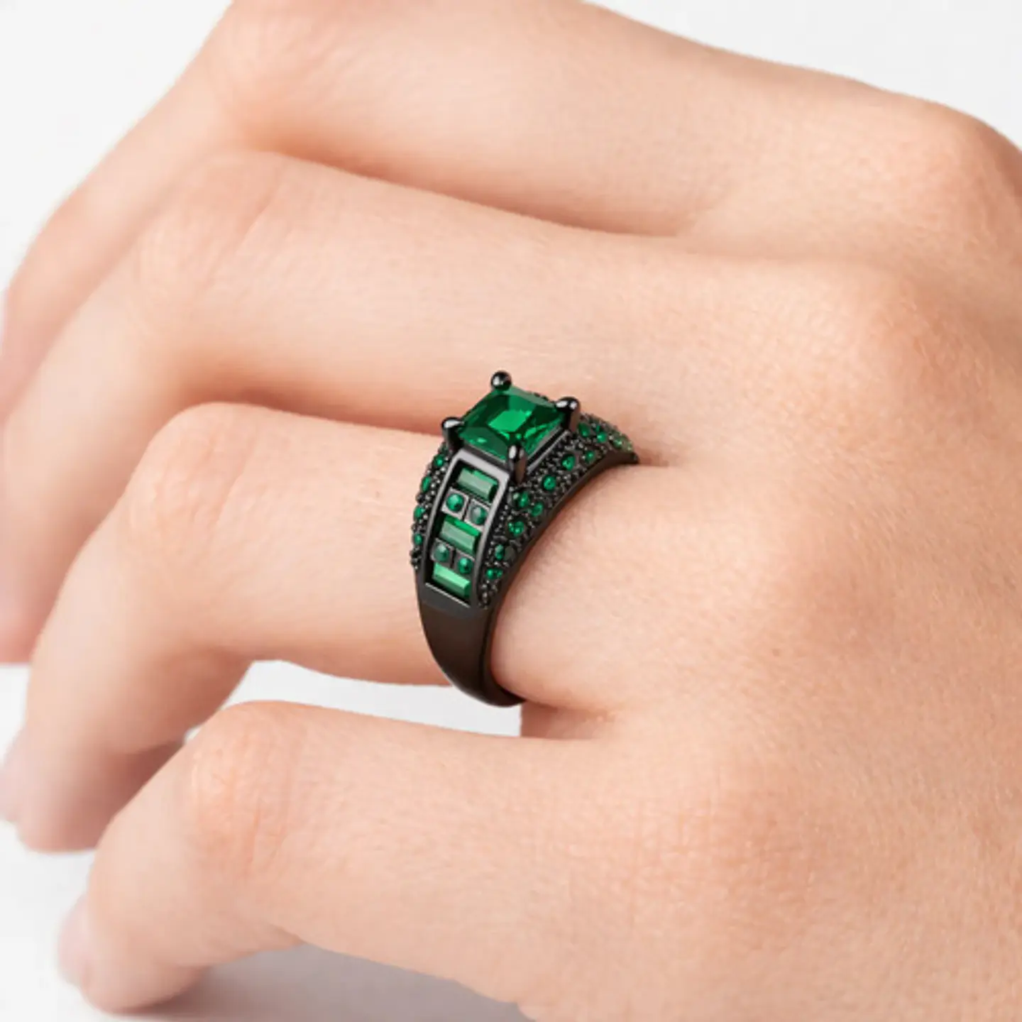 Anillo Negro Moderno Para Mujeres Con Piedras Lujo Elegante 11