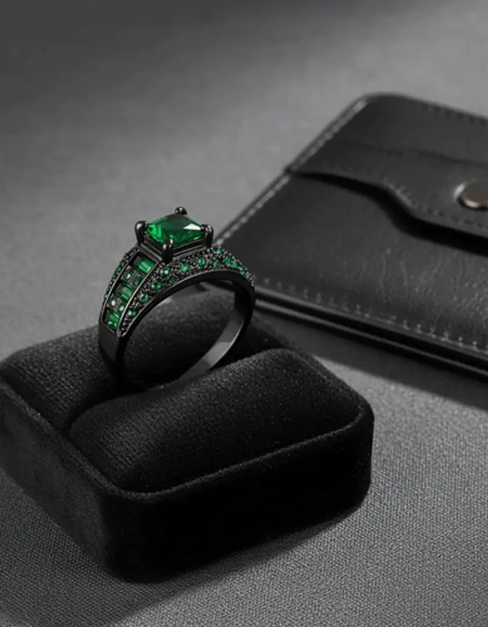 Anillo Negro Moderno Para Mujeres Con Piedras Lujo Elegante 13