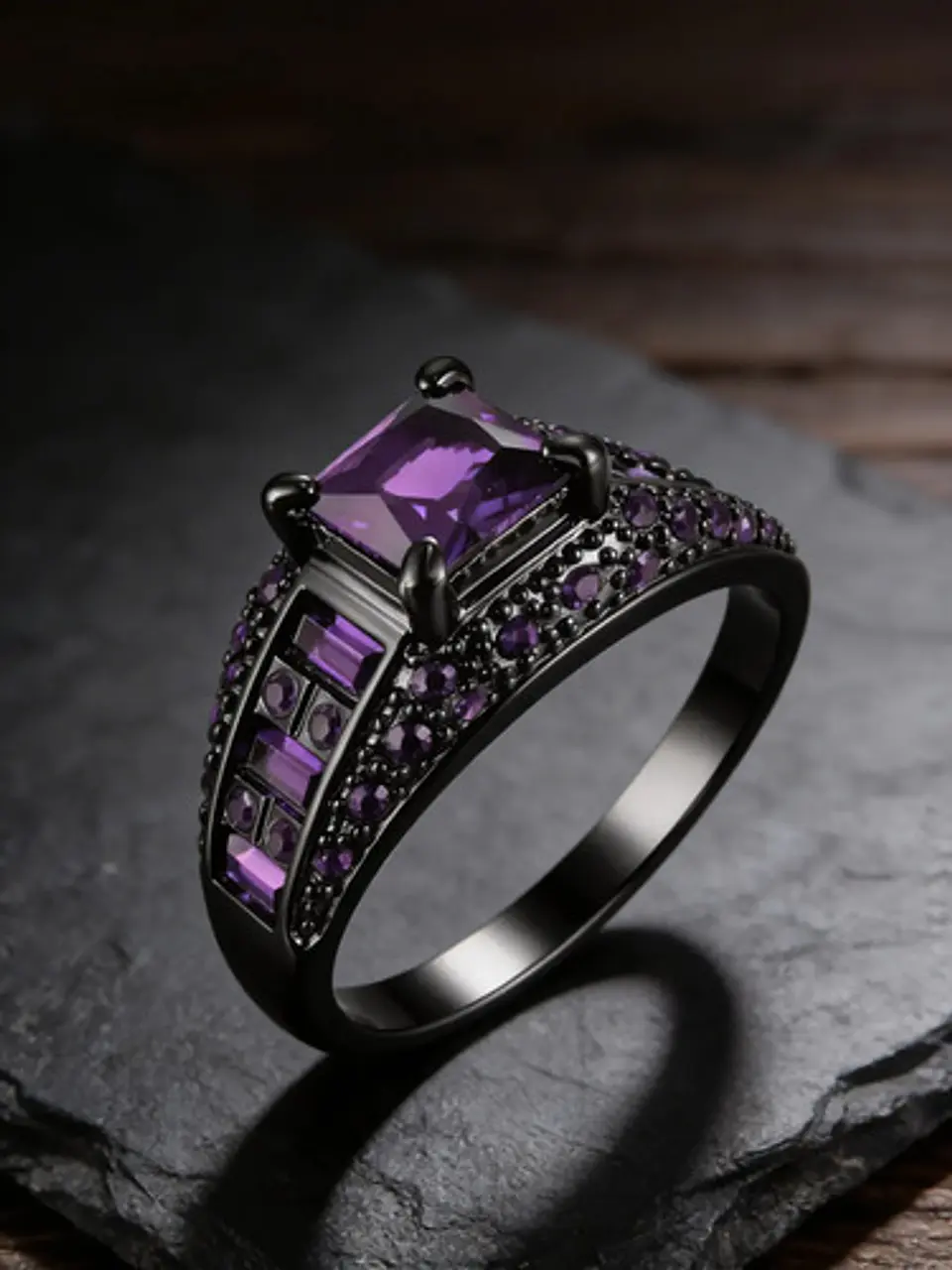 Anillo Negro Moderno Para Mujeres Con Piedras Lujo Elegante 18