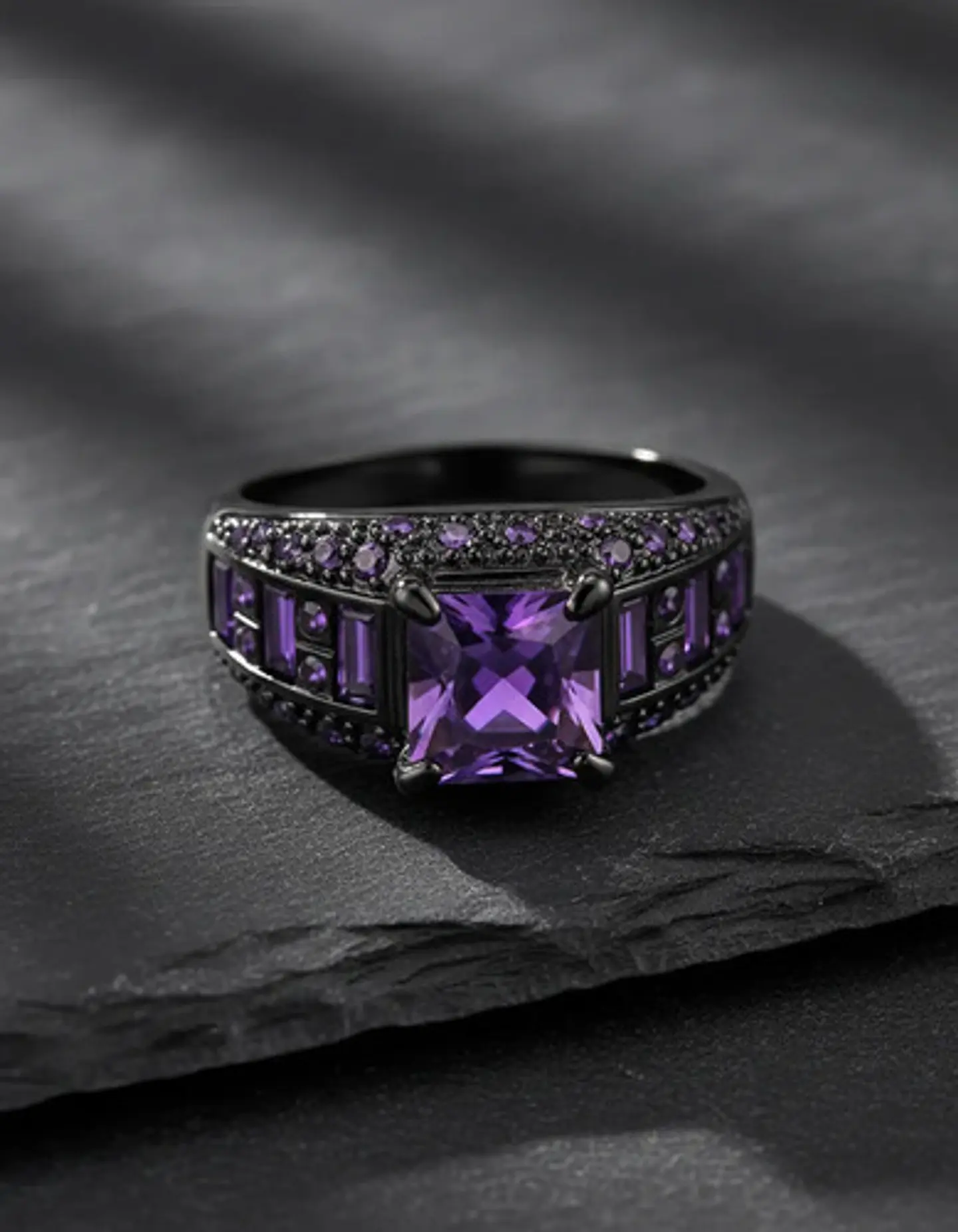 Anillo Negro Moderno Para Mujeres Con Piedras Lujo Elegante 19