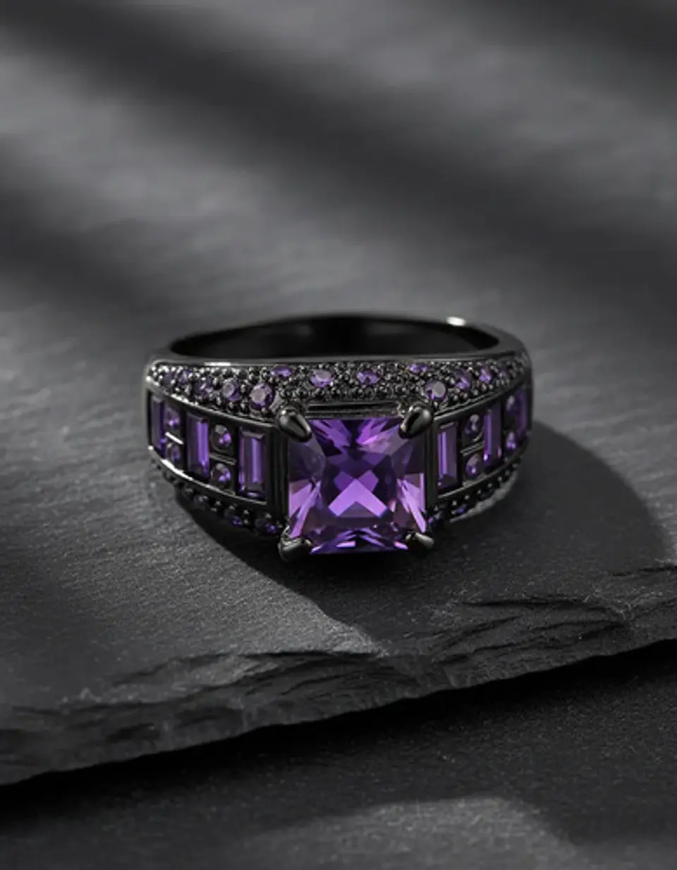 Anillo Negro Moderno Para Mujeres Con Piedras Lujo Elegante 19