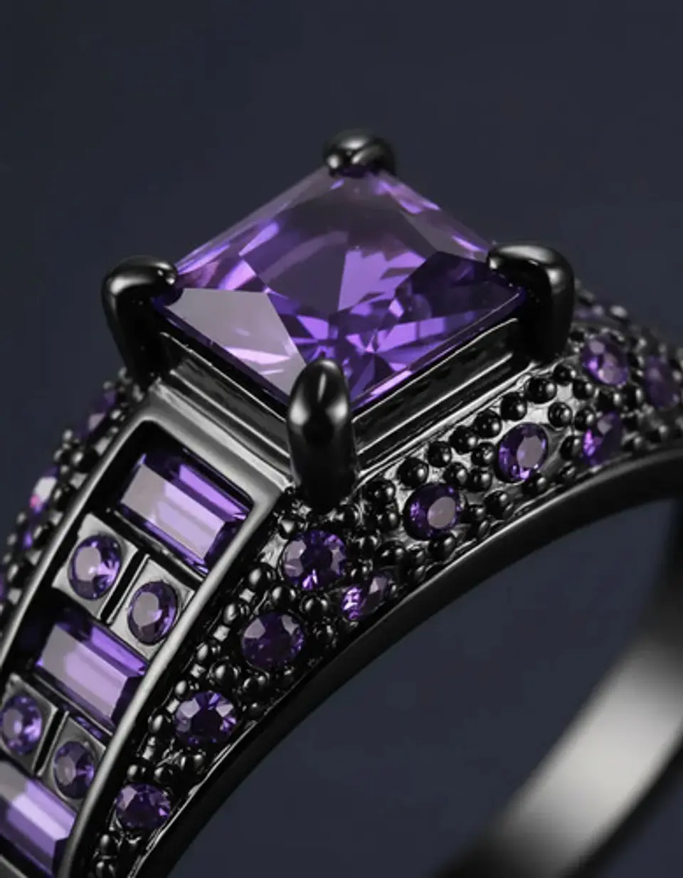 Anillo Negro Moderno Para Mujeres Con Piedras Lujo Elegante 20