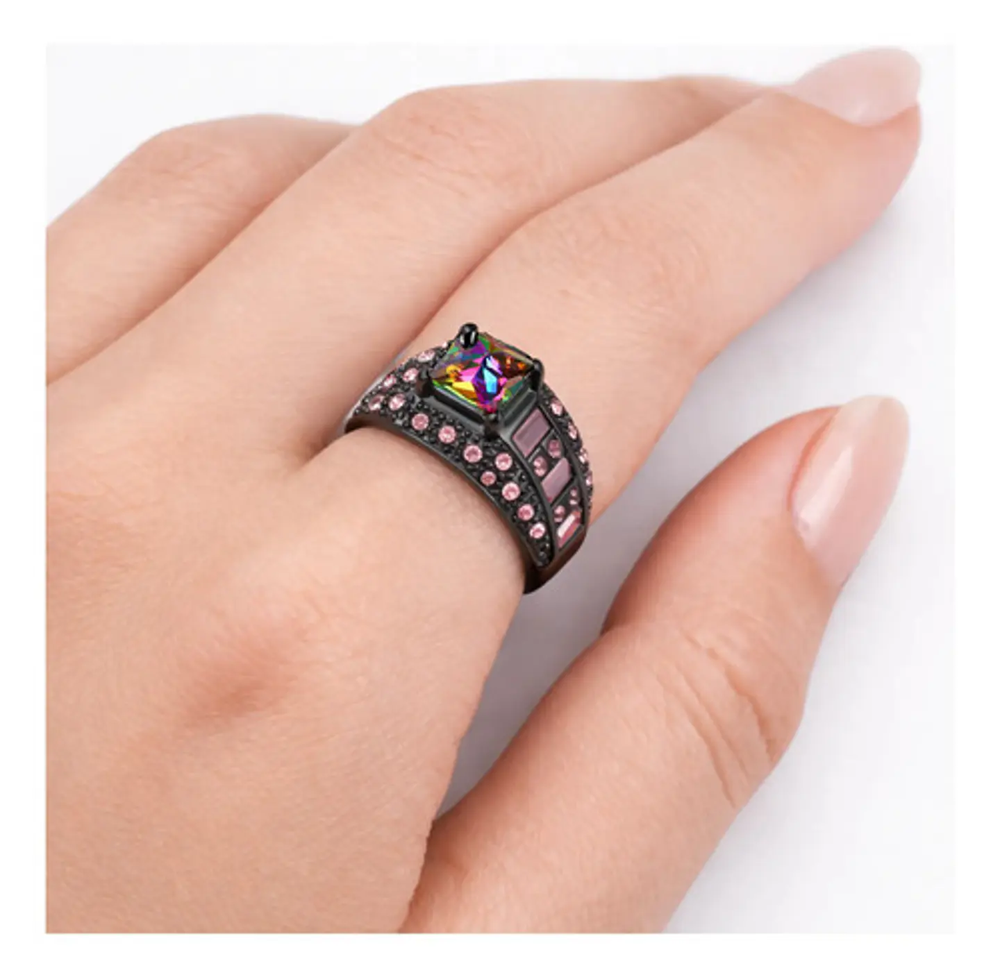 Anillo Negro Moderno Para Mujeres Con Piedras Lujo Elegante 22