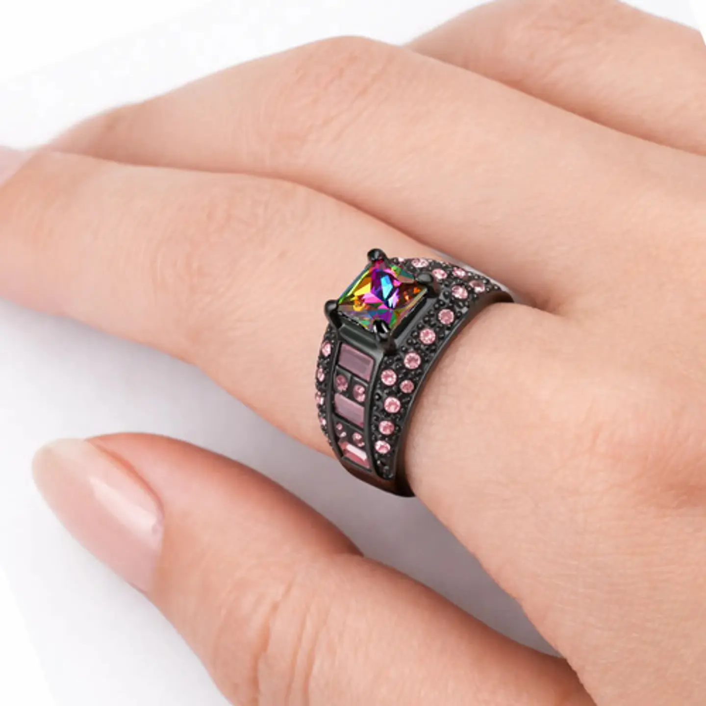 Anillo Negro Moderno Para Mujeres Con Piedras Lujo Elegante 23