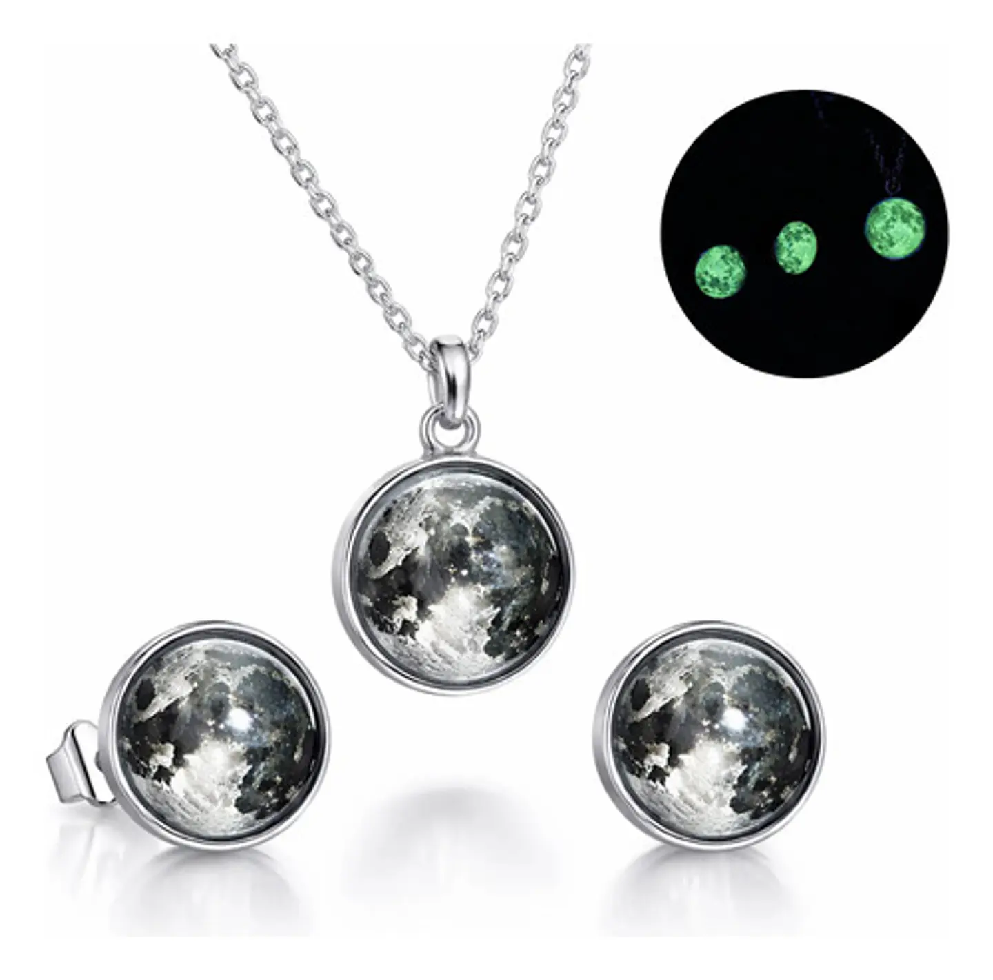 Set Joyería Mujer Collar Y Aretes Dije Luna Brilla Luminoso 1