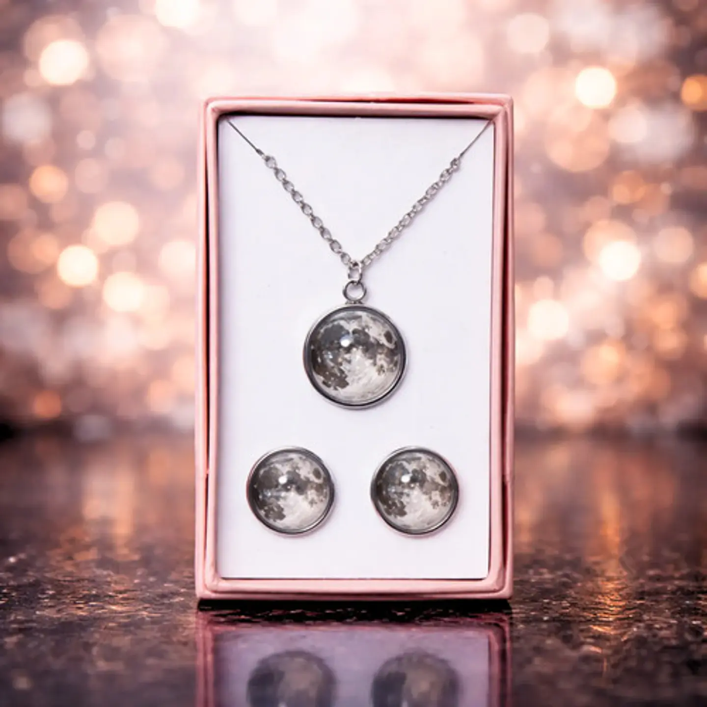 Set Joyería Mujer Collar Y Aretes Dije Luna Brilla Luminoso 4