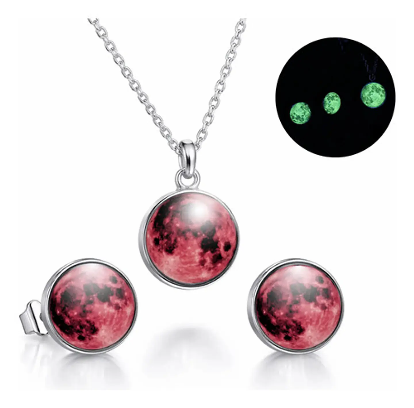 Set Joyería Mujer Collar Y Aretes Dije Luna Brilla Luminoso 9