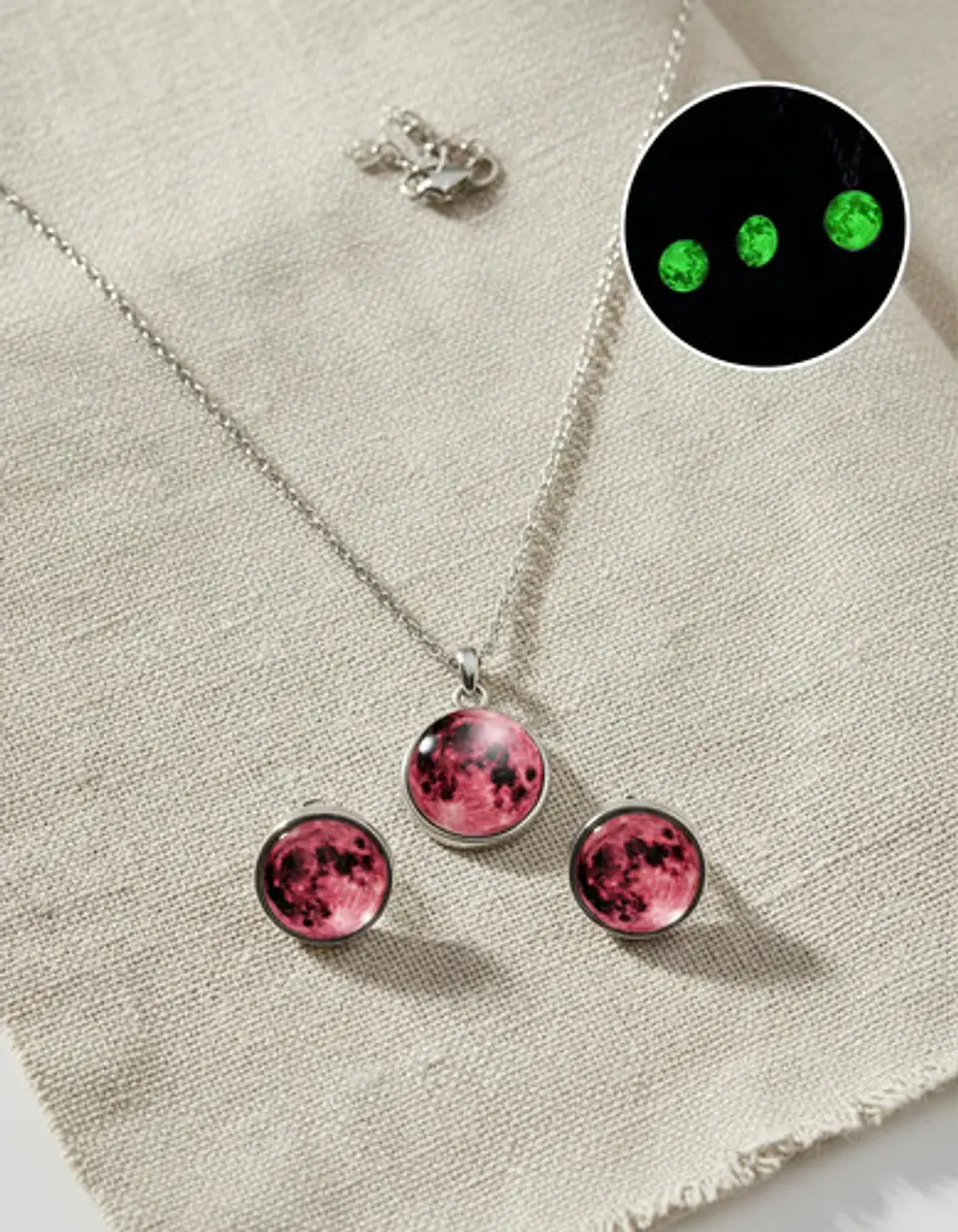 Set Joyería Mujer Collar Y Aretes Dije Luna Brilla Luminoso 11