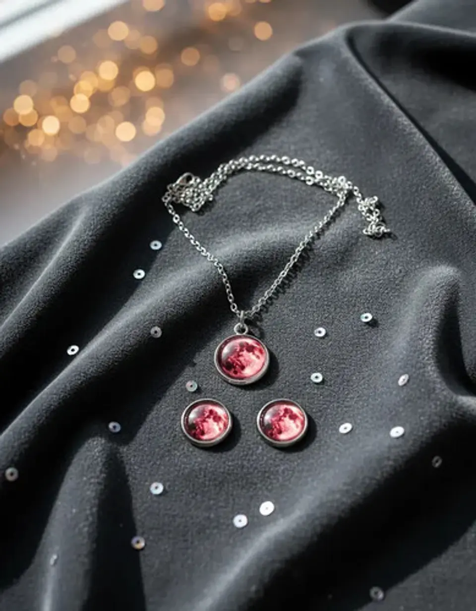 Set Joyería Mujer Collar Y Aretes Dije Luna Brilla Luminoso 15
