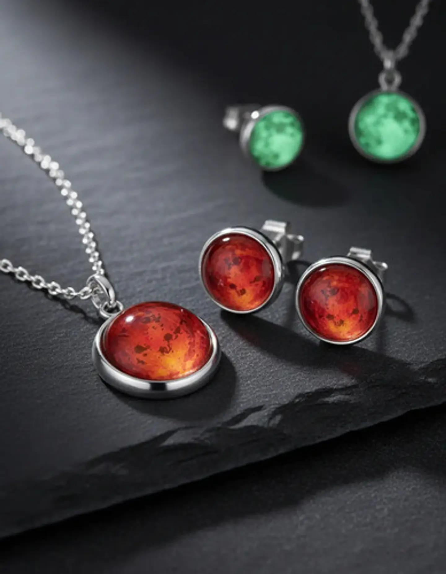 Set Joyería Mujer Collar Y Aretes Dije Luna Brilla Luminoso 27