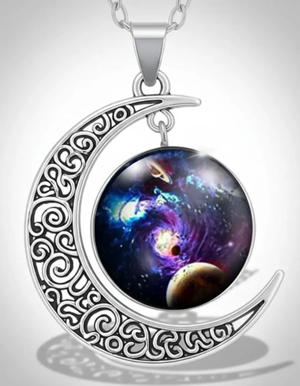 Collar Para Mujer Dije Cabujón Cristal Luna Galaxia Planetas 2