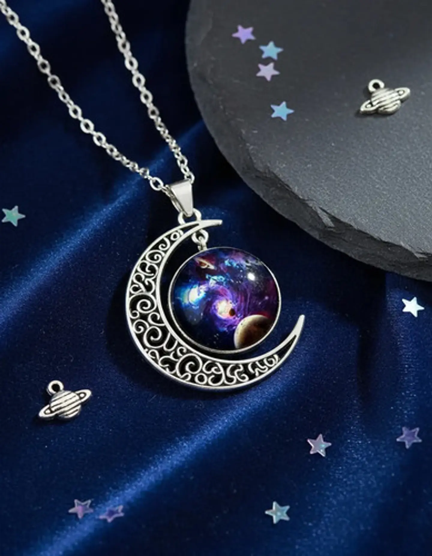 Collar Para Mujer Dije Cabujón Cristal Luna Galaxia Planetas 4