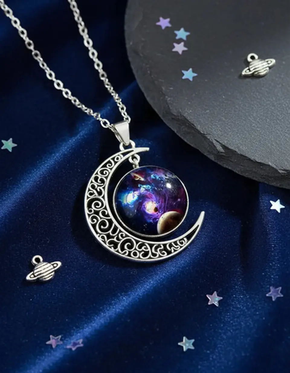 Collar Para Mujer Dije Cabujón Cristal Luna Galaxia Planetas 4