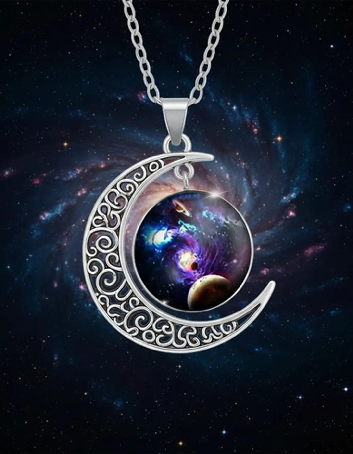 Collar Para Mujer Dije Cabujón Cristal Luna Galaxia Planetas 5
