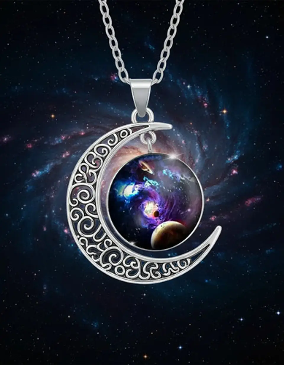 Collar Para Mujer Dije Cabujón Cristal Luna Galaxia Planetas 5