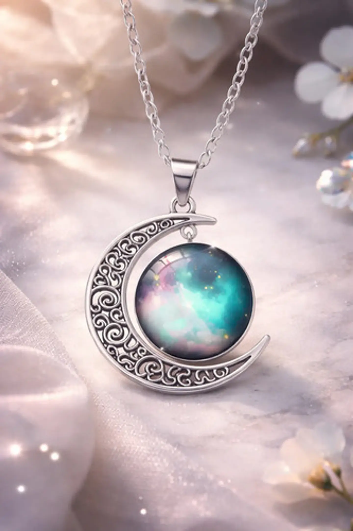 Collar Para Mujer Dije Cabujón Cristal Luna Galaxia Planetas 9