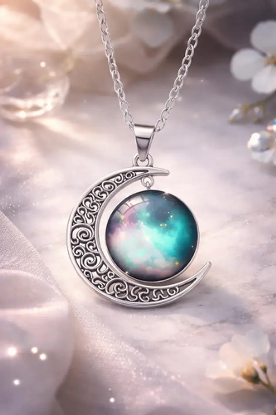 Collar Para Mujer Dije Cabujón Cristal Luna Galaxia Planetas 9
