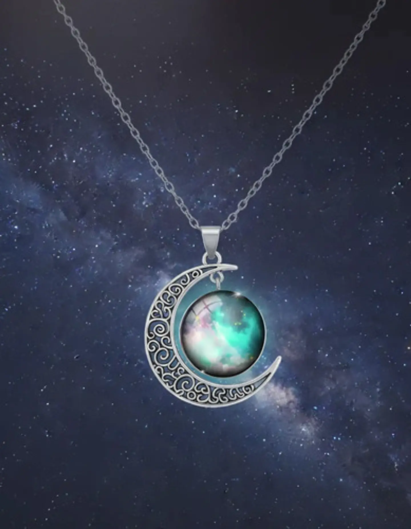 Collar Para Mujer Dije Cabujón Cristal Luna Galaxia Planetas 10