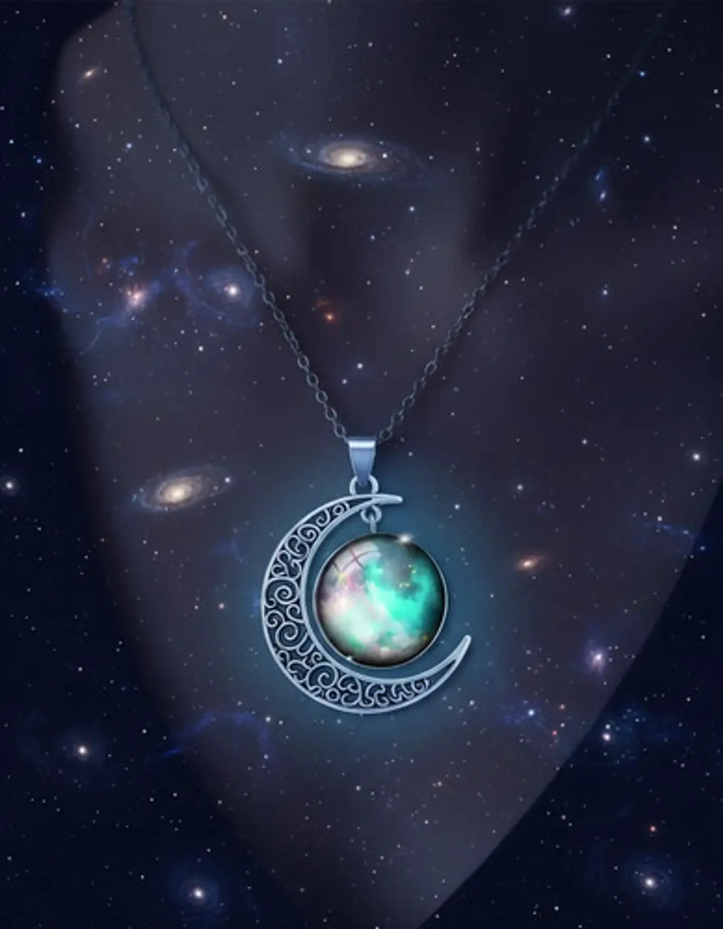 Collar Para Mujer Dije Cabujón Cristal Luna Galaxia Planetas 12