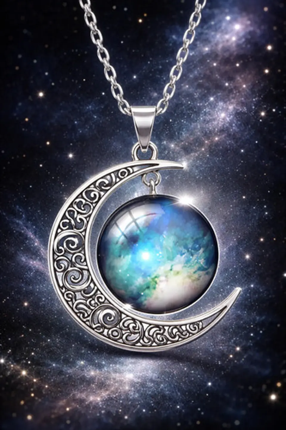 Collar Para Mujer Dije Cabujón Cristal Luna Galaxia Planetas 33