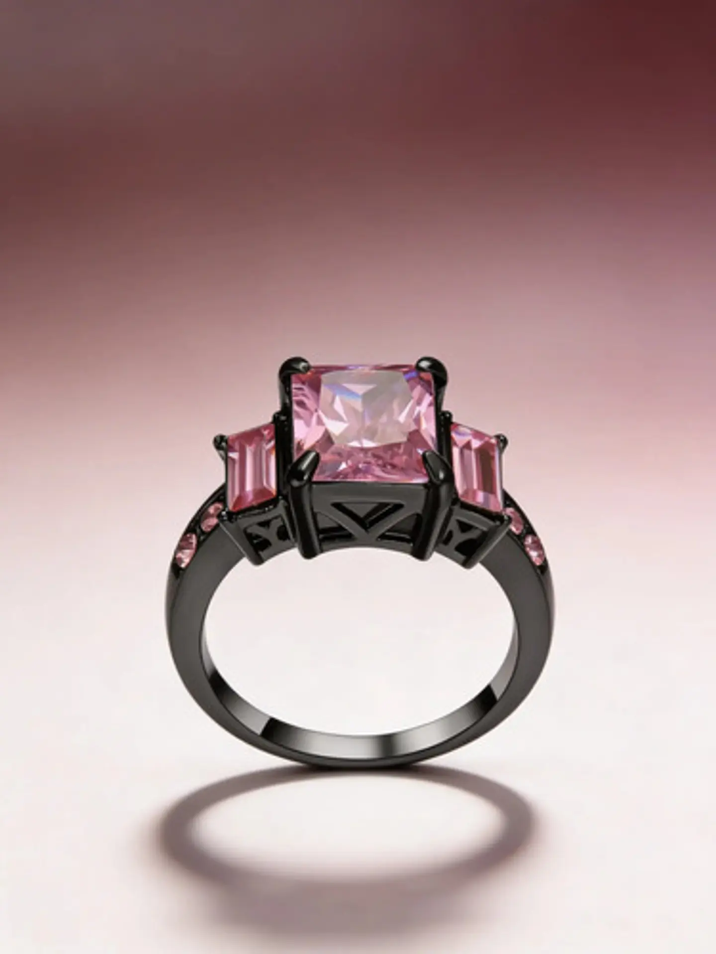 Anillo Para Mujeres Piedra Cz Rosa Corte Princesa Baguette 8