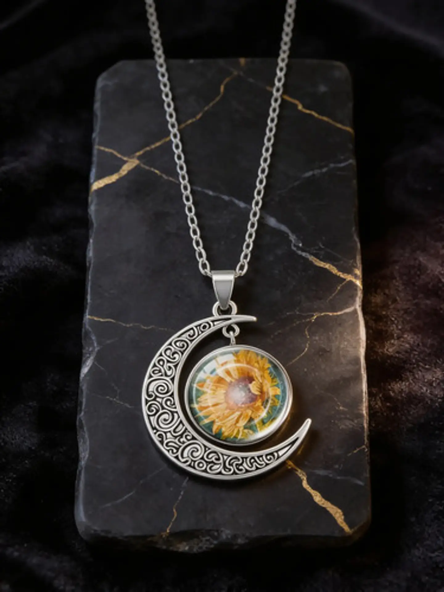Collar Para Mujeres Dije Luna Cabujón De Cristal Girasol 8
