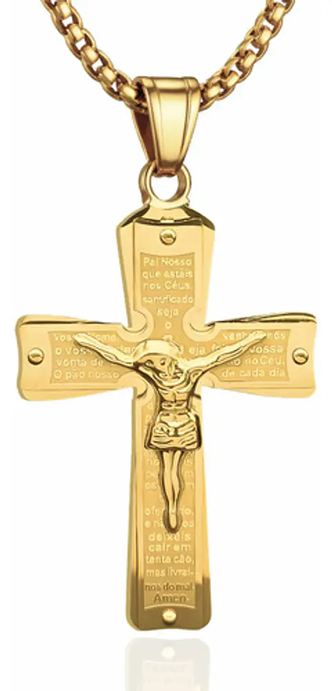 Collar De Acero Para Hombre Y Mujer Dije Cruz Cristo Grabado