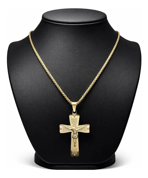 Collar De Acero Para Hombre Y Mujer Dije Cruz Cristo Grabado