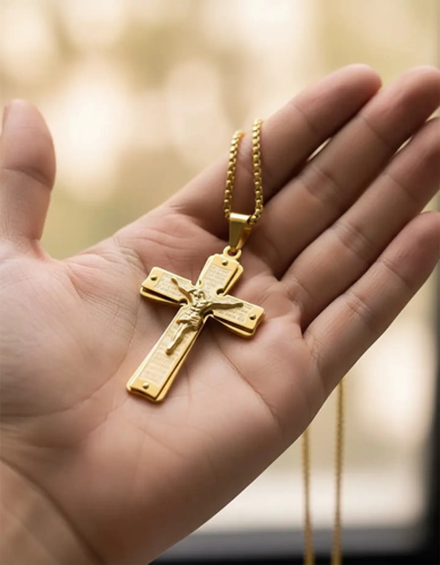 Collar De Acero Para Hombre Y Mujer Dije Cruz Cristo Grabado 4