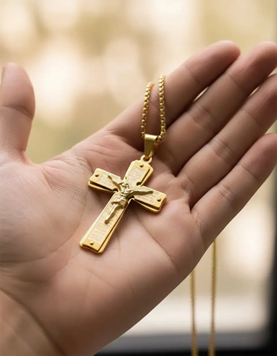 Collar De Acero Para Hombre Y Mujer Dije Cruz Cristo Grabado 4