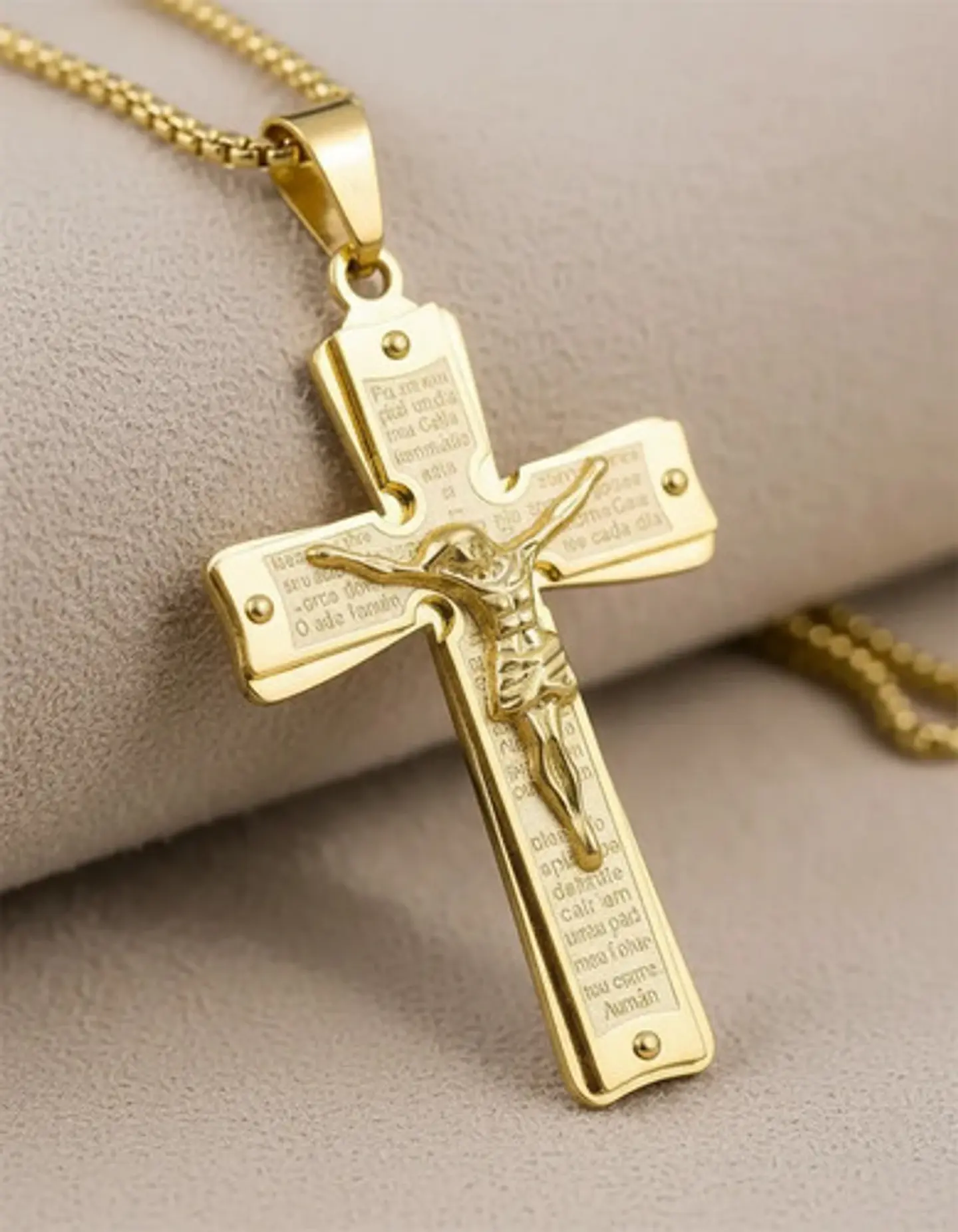 Collar De Acero Para Hombre Y Mujer Dije Cruz Cristo Grabado 5